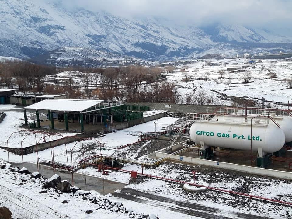 Gitco Gas LPG storage plant in the snow with mountains behind